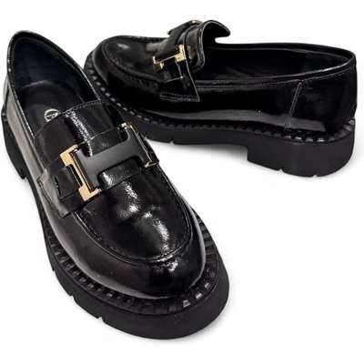 GNStyle Дамски мокасини тип лоуфър в черен естествен лак с нежен и красив дизайнерски аксесоар