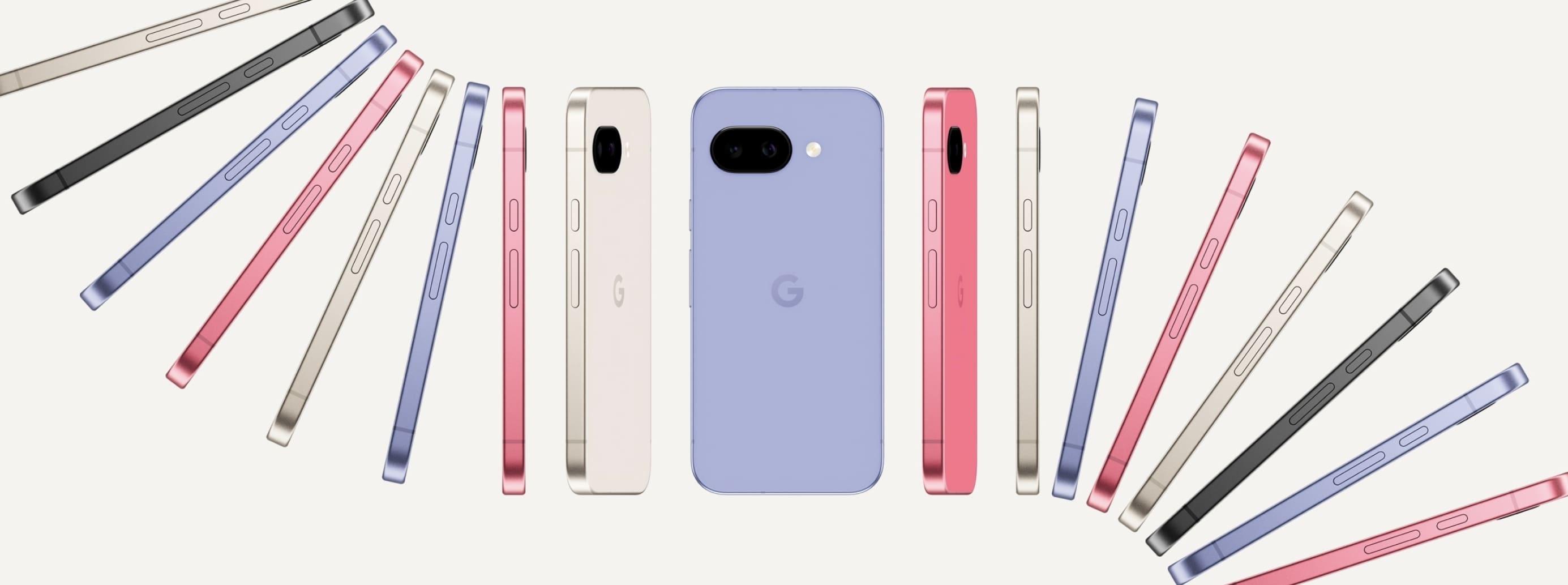 Google Pixel 9a ve fialové, růžové, béžové a černé