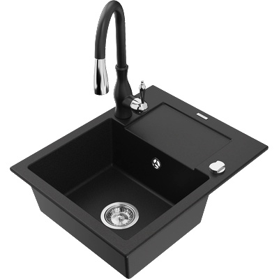 Mexen Enzo гранитна кухненска мивка с 1 отделение със сушилник и кухненски смесител Savita, черен - 6506-77-672601-70 (6506-77-672601-70)
