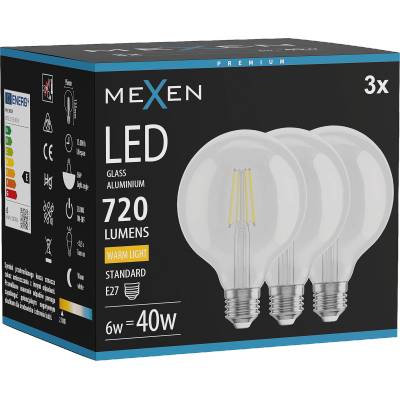 Mexen Vintis 3x LED крушка с нажежаема нишка E27, G95, 6W, Топла светлина - 2700K, 720 lm, (L157-E27-0627-00x03)