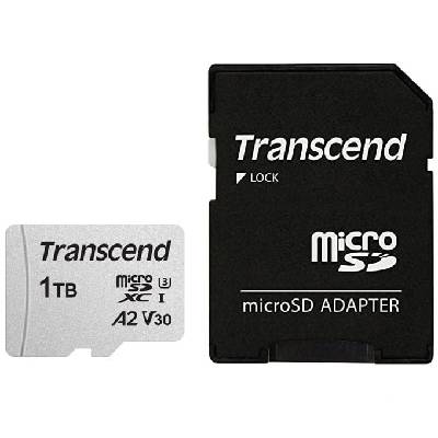 Карта памет 1TB microSDXC с адаптер, Transcend USD300S (TS1TUSD300S-A), UHS-I U3 V30, скорост на четене до 100MB/s, скорост на запис до 85MB/s (TS1TUSD300S-A)