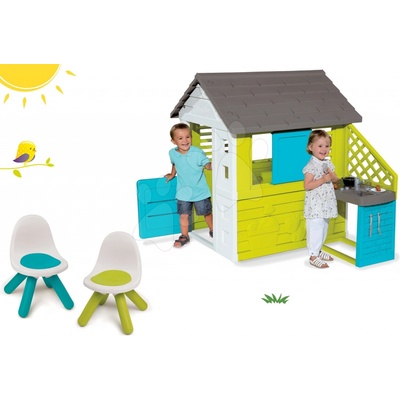 Smoby Set detský domček Pretty Blue s letnou kuchynkou+stolička KidChair zelená a modrá SM810703-36