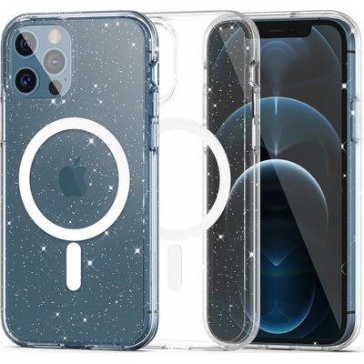 TokShop Apple iPhone 12 / 12 Pro, Пластмасов заден капак + силиконова рамка, съвместим със зарядно Magsafe, лъскав заден капак, FlexAir Hybrid Magsafe Glitter, прозрачен (131281) (131281) (131281)