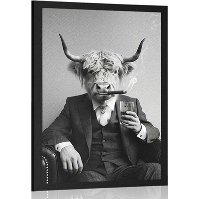 Plakát kráva v obleku s doutníkem a whisky - 20x30 white