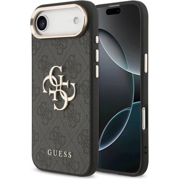 GUESS Дизайнерски кожен кейс за iPhone 17 Air - Guess PU Leather 4G Metal Logo Gold Frame Case (черен) (GUHCP17M4GMGCGR)