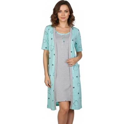 Комплект от нощница и халат в цвят мента и сиво