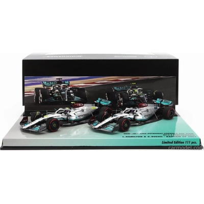 Minichamps Mercedes gp F1 Set 2x W13e Team Mercedesamg Petronas F1 N 44 3. GP Bahrajnu 2022 Lewis Hamilton + N 63 4. GP Bahrajnu 2022 George Russel Silver Green 1:43