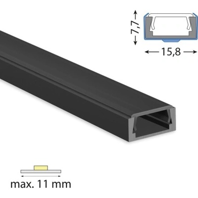 ML-761.023.74.1 Přisazený hliníkový profil PG2 16x8mm včetně černého difuzoru černý 1m