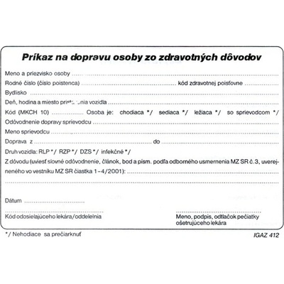 Igaz 412 Žiadanka na prepravu osoby / biologického materiálu