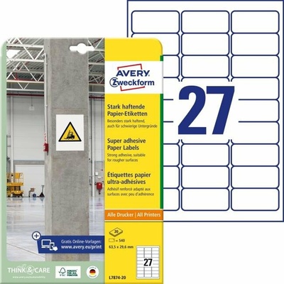 avery zweckform Etikety univerzálne 63,5x29,6mm Avery A4, silne lepivé 20 hárkov