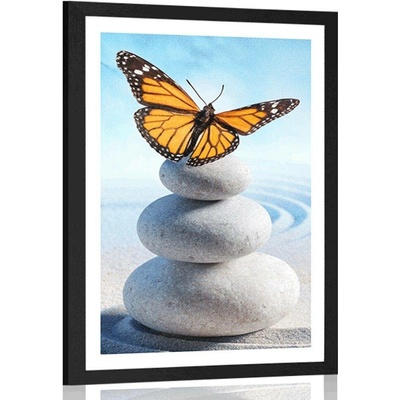 Plakát s paspartou rovnováha kamenů a motýl - 30x45 silver