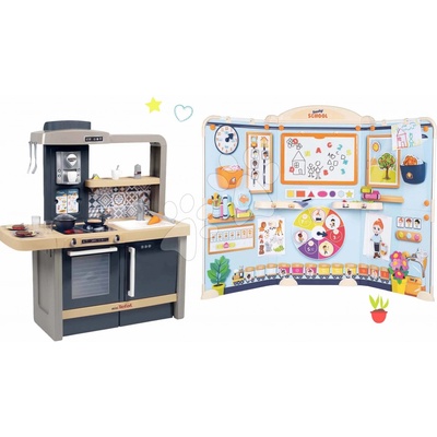 Smoby Set kuchynka elektronická s nastaviteľnou výškou Tefal Evolutive a škola pre škôlkárov obojstranná s náučnými hrami
