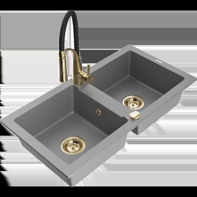 Mario гранитна мивка с две корита с кухненски смесител Aster, сив - 6504-71-73450-57-G (6504-71-73450-57-G)