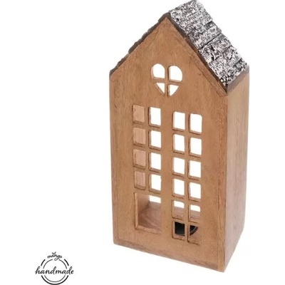 Svícen dřevo/kov MANGO domek v. 38,5 cm