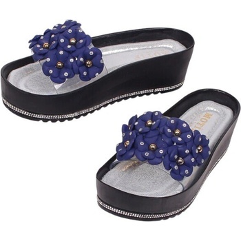 Модни дамски чехли със сини цветя и камъчета