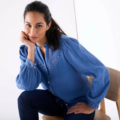 Košilová halenka s macramé indigo – Zboží Mobilmania