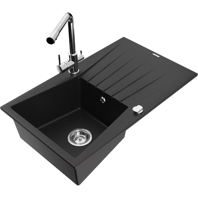 Mexen Cesar композитна мивка 1-коморна с отцедник и кухненски смесител Duero, черен - 6514-77-671600-00 (6514-77-671600-00)