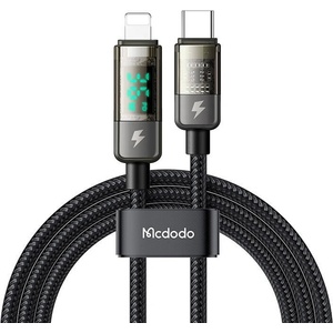 Mcdodo Кабел за данни - Mcdodo (CA-3600) - Type-C → Lightning, 36W, цифров дисплей, Auto Power Off, прозрачен дизайн, 1.2m - Черен