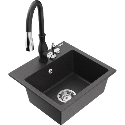 Mexen Milo гранитна мивка с 1 камера и кухненски смесител Savita, черен с пръски - 6505-76-672601-70 (6505-76-672601-70)