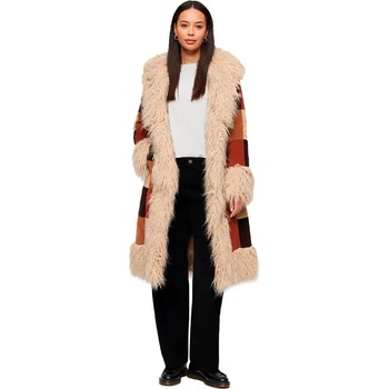 SUPERDRY Палто Superdry Patchwork Long Afghan coat - Brown (Brown Patchwork Cord)