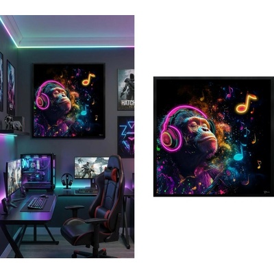 Pop art LED moderný obraz – Opica so slúchadlami v neónovom hudobnom štýle - 83 × 83 cm