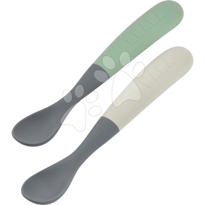 Beaba Mineral Grey Sage Green zo silikónu ergonomické lyžičky 2 ks