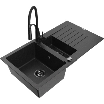 Mexen Matias гранитна мивка 1, 5-коморна с отцедник и кухненски смесител Aster, черен/сребърен - 6502-73-73450-70-B (6502-73-73450-70-B)