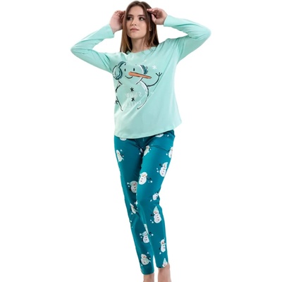 Дамска коледна пижама в два нюанса зелено със снежен човек