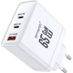Lemontti GaN мрежово зарядно устройство 65W (2x USB-C PD + USB-A), бяло (LEMIRG2TC65WA)