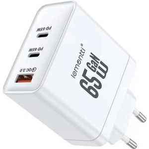 Lemontti GaN мрежово зарядно устройство 65W (2x USB-C PD + USB-A), бяло (LEMIRG2TC65WA)