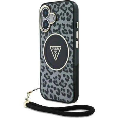 GUESS HC IML Leopard Triangle Cord Strap MagSafe калъф за iPhone 16 - черен (3666339432461)