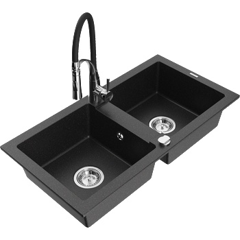 Mexen Mario гранитна мивка 2-камерна с кухненски кран Aster, черен/сребърен металик - 6504-73-73450-07 (6504-73-73450-07)