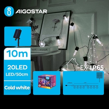 Aigostar LED соларен коледен гирлянд 20 LED, 8 функции, 11, 5м, IP65, студена бял (AI1196)
