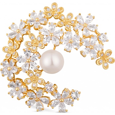 JwL Luxury Pearls trblietavá pozlátená brošňa 2v1 s pravou perlou a kryštálmi JL0730