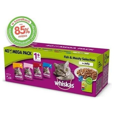 WHISKAS Adult 4 x 40x85 g krmivo pro kočky v želé Rybí a tradiční příchutě s kuřecím masem, lososem, hovězím masem a tuňákem 3+1
