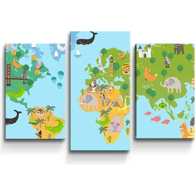 Sablio Obraz - 3-dílný Zvířecí mapa světa - 75x50 cm