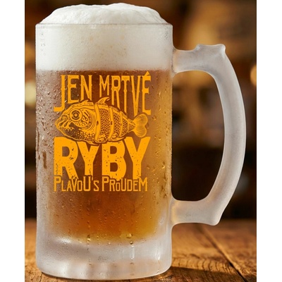 Jen mrtvé ryby plavou s proudem, oranžový potisk - Půllitr skleněný 500 ml