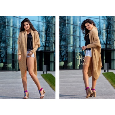 Fashionweek Dlhý teplý pletený kabát sveter s veľmi originálnym strihom FRODO Camel