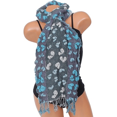 Сив зимен шал с ефектна декорация в бяло и синьо