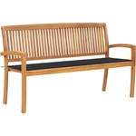vidaXL Стифираща градинска пейка с възглавница, 159 см, тик масив (3063306)