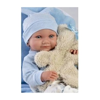 Llorens Nico baby vinyl doll with blue pillow 40cm