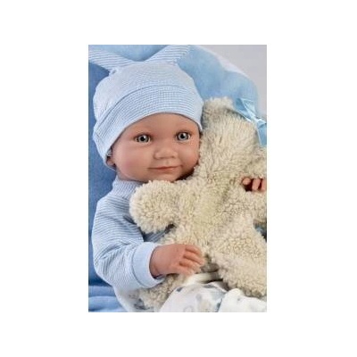 Llorens Nico baby vinyl doll with blue pillow 40cm