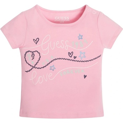 GUESS Тениска с къс ръкав в розово с глитери и надписи за момиче Guess