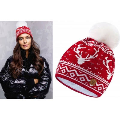 Fashionweek dámská zimní čepice s bambulí flísová podšívka Woolk North Santa Červená