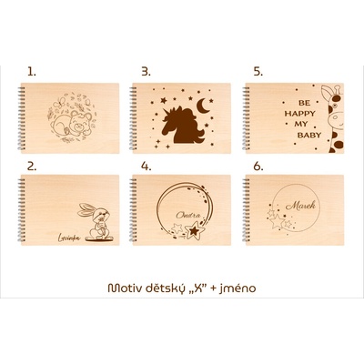 GEDEON Fotoalbum na fotorůžky 32x23 cm 60 stran Plywood GRAVÍR Rozměr: Rozměr nad 225 cm2, Motiv gravíru: Motiv dětský "X" + jméno