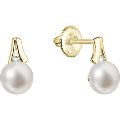 Pavona zlaté 14 karátové náušnice s říční perlou a brilianty 91PB00036