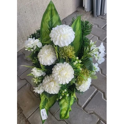 Ikebana na nôžke s cíniami biele chryzantémy 4078