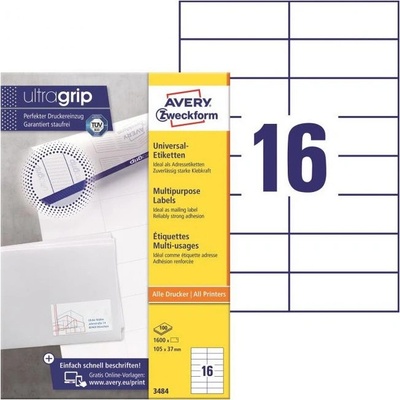 Avery-Zweckform 3484 105 x 37 mm papier biela 1600 ks trvalé univerzálne etikety laser; 3484