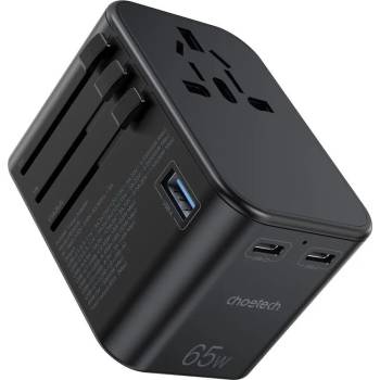 Choetech Gan2 Universal Travel Adapter PD 65W - захранване с 1xUSB-А и 2xUSB-C изхода и преходници за цял свят в едно устройство за мобилни устройства (черен)