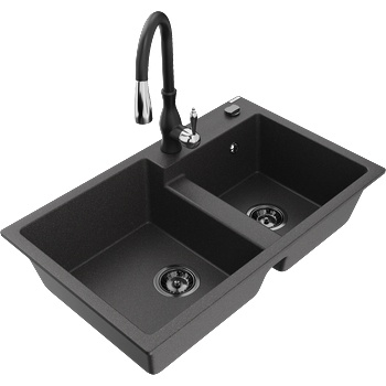 Mexen Tomas гранитна мивка с 2 отделения и кухненски смесител Savita, черен на пръски - 6516-76-672601-70-B (6516-76-672601-70-B)